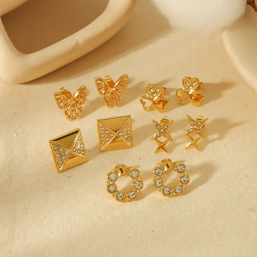 1 Pair Exquisite Sweet Style Satinless Steel 18K Gold Plated Inlay Rhinestones Women's Stud Earrings h5 